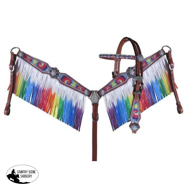 New! Showman ® Rainbow Tie Dye Headstall And Breast Collar Set.