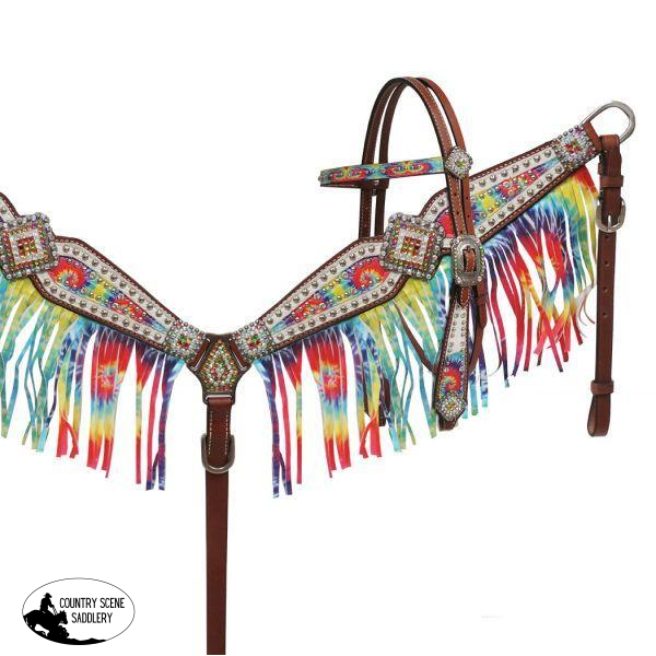New! Showman ® Rainbow Tye Dye Headstall And Breast Collar Set.