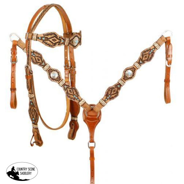 New! Showman ® Rawhide Braided Browband Headstall And Breastcollar Set.