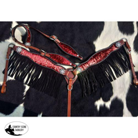 New! Showman ® Red And Gold Sequins Inlay Single Ear Headstall Breast Collar Set With Black Suede