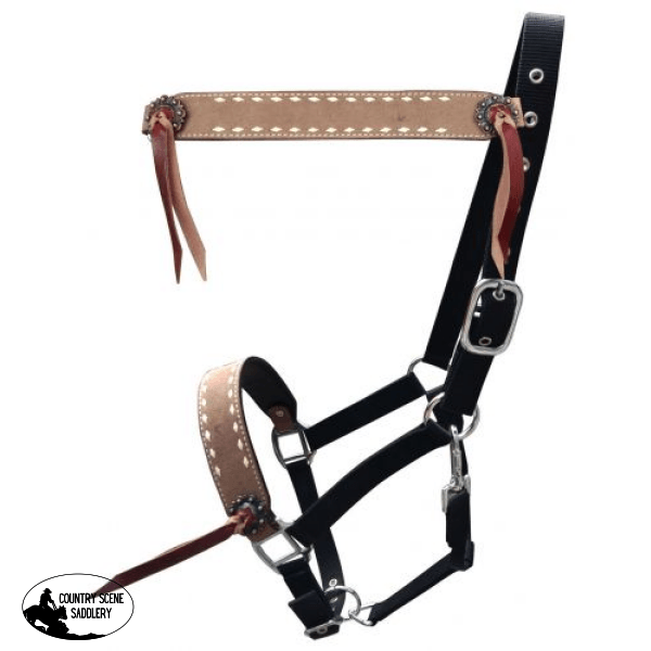 Showman ® Roughout Leather Nylon Halter With Buckstitch Trim. Western Bridle