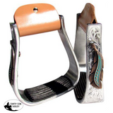 New! Showman ® Silver Engraved Stirrups With Copper And Teal Feather Concho.