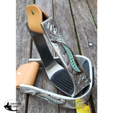 Showman ® Silver Engraved Stirrups With Copper And Teal Feather Concho.