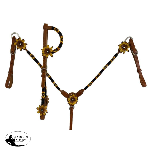 New! Showman ® Sunflower Beaded Headstall And Breast Collar Set.