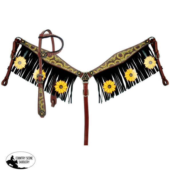 New! Showman ® Sunflower Print One Ear Headstall And Breast Collar Set.