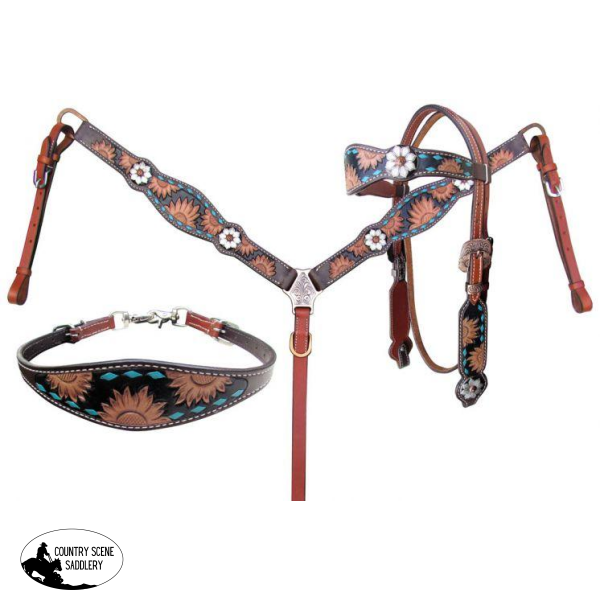 New! Showman ® Sunflower Tooled Leather Browband Headstall And Breastcollar.
