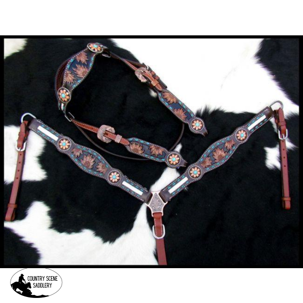 New! Showman ® Sunflower Tooled Leather Browband Headstall And Breastcollar Set