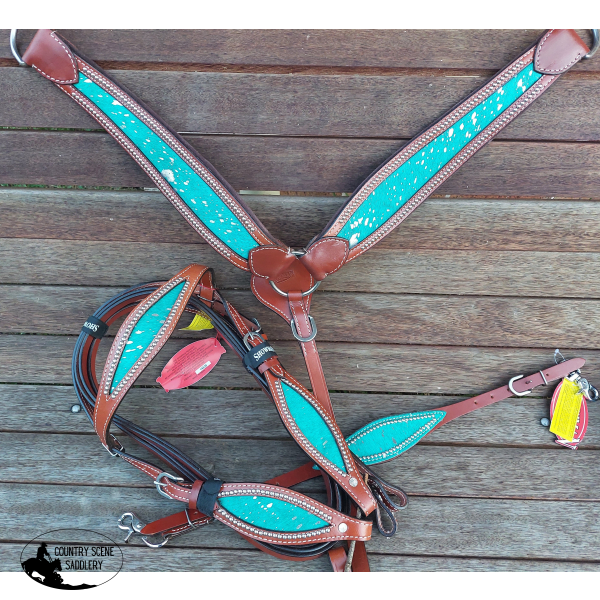 Showman® Teal Acid Wash Cowhide Inlay One Ear Headstall And Breast Collar Set. #western Bridles