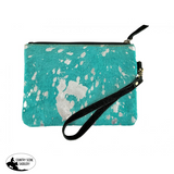 Showman ® Teal Acid Wash Hair on Cowhide clutch with Wristlet. - Country Scene Saddlery and Pet Supplies