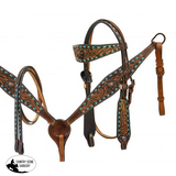 New! Showman ® Teal Buck Stitched Headstall And Breast Collar Set With Engraved Bronze Conchos.