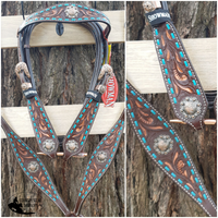 New! Showman ® Teal Buck Stitched Headstall And Breast Collar Set With Engraved Bronze Conchos.