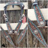 Showman ® Teal buck stitched headstall and breast collar set with engraved bronze conchos. - Country Scene Saddlery and Pet Supplies
