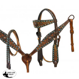 Showman ® Teal buck stitched headstall and breast collar set with engraved bronze conchos. - Country Scene Saddlery and Pet Supplies