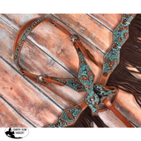 New! ~ Showman ® Turquoise And Brown Floral Tooled Browband Headstall Breast Collar Set.