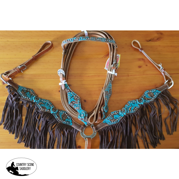 New! ~ Showman ® Turquoise And Brown Floral Tooled Browband Headstall Breast Collar Set.