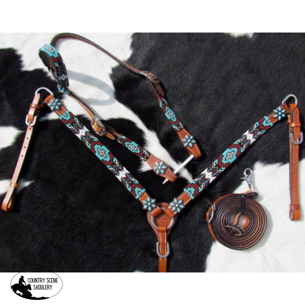 New! Showman ® Turquoise And Burgundy Beaded Aztec Headstall Breastcollar Set.