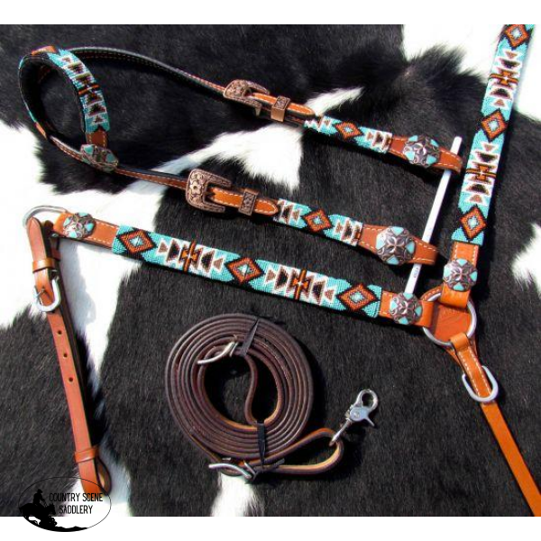 New! ~Showman ® Turquoise And Orange Beaded Aztec Headstall Breastcollar Set.