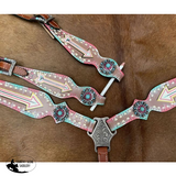 Showman ® Turquoise and pink inlay painted arrow design one ear headstall and breast collar set w/ matching accent conchos. - Country Scene Saddlery and Pet Supplies