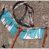 New! Showman ® Turquoise And White Leather Laced Browband Headstall Breast Collar Set.