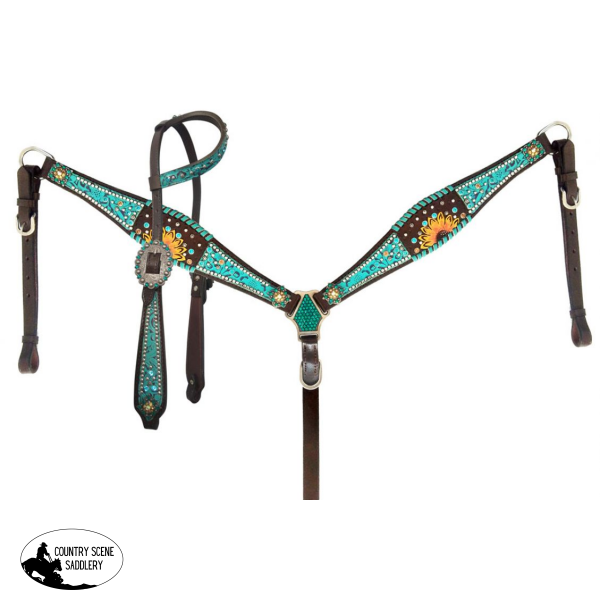 Showman ® Turquoise Inlay Headstall And Breastcollar. Wither Strap