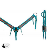 Showman® Turquoise nylon headstall and breastcollar set with bronze crocodile print overlay and rhinestone accents. - Country Scene Saddlery and Pet Supplies