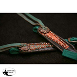 Showman® Turquoise nylon headstall and breastcollar set with bronze crocodile print overlay and rhinestone accents. - Country Scene Saddlery and Pet Supplies