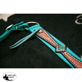 Showman® Turquoise nylon headstall and breastcollar set with bronze crocodile print overlay and rhinestone accents. - Country Scene Saddlery and Pet Supplies