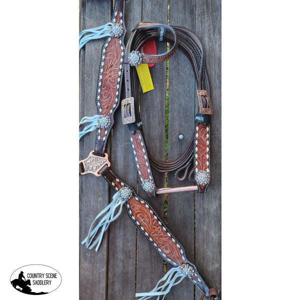 Showman ® Two-Tone Tooled Single Ear Headstall And Breast Collar Set Rawhide Braided Sets