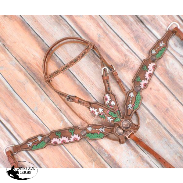 New! Showman ® White And Pink Sunflower Cactus Brow Band Headstall Breast Collar Set.