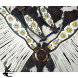 New! Showman ® White Poppy Painted Flower With Teal Inlay One Ear Headstall And Breast Collar Set