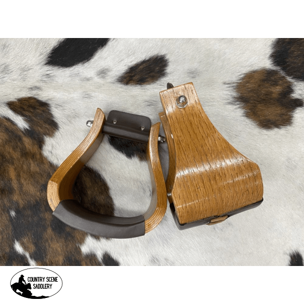 Showman ® Wide Polished Solid Oak Wooden Stirrups Feature 4 Tread Wooden