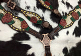 Showman ®® Gold snake print inlay with painted rose accent one ear headstall and breast collar set. - Country Scene Saddlery and Pet Supplies