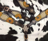Showman ®® One Ear Headstall & Breastcollar set w/ burlap inlay with painted sunflower accent. - Country Scene Saddlery and Pet Supplies