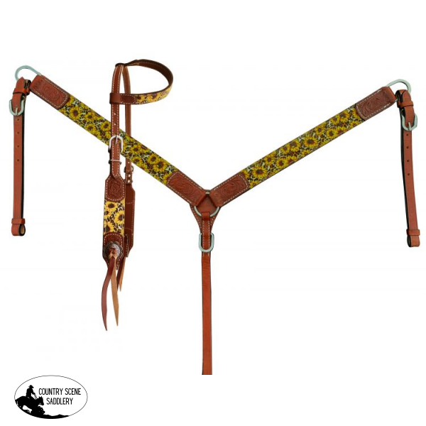 Showman Sunflower And Cheetah Print One Ear Headstall Breastcollar Set Western Bridles