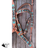 Showman® Argentina Cow Leather Headstall And Breast Collar Set With Aztec Beaded Inlay.