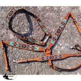 New! Showman® Argentina Cow Leather Headstall And Breast Collar Set With Aztec Beaded Inlay.
