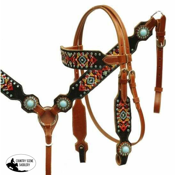New! Showman® Navajo Embroidered Headstall And Breast Collar Set.