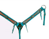 Showman® Turquoise nylon headstall and breastcollar set with bronze crocodile print overlay and rhinestone accents. - Country Scene Saddlery and Pet Supplies