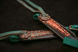 Showman® Turquoise nylon headstall and breastcollar set with bronze crocodile print overlay and rhinestone accents. - Country Scene Saddlery and Pet Supplies
