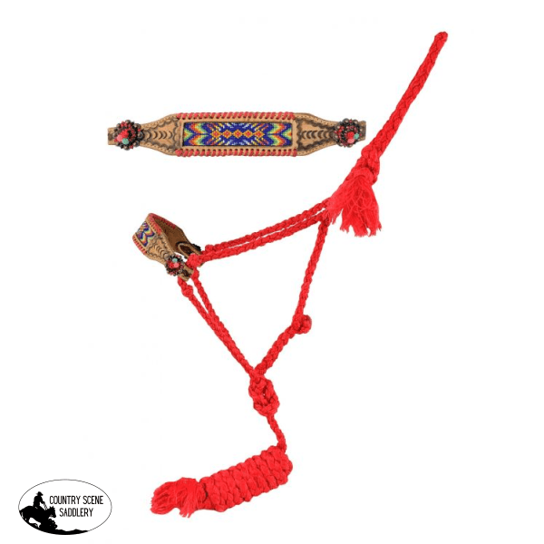 Showman® Woven Red Nylon Mule Tape Halter With Beaded Noseband And Rawhide Lacing Rope Halter