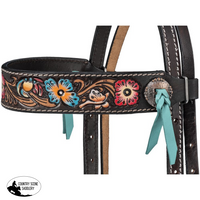 Silver Royal Blue And Pink Floral Brow Headstall Western Bridle