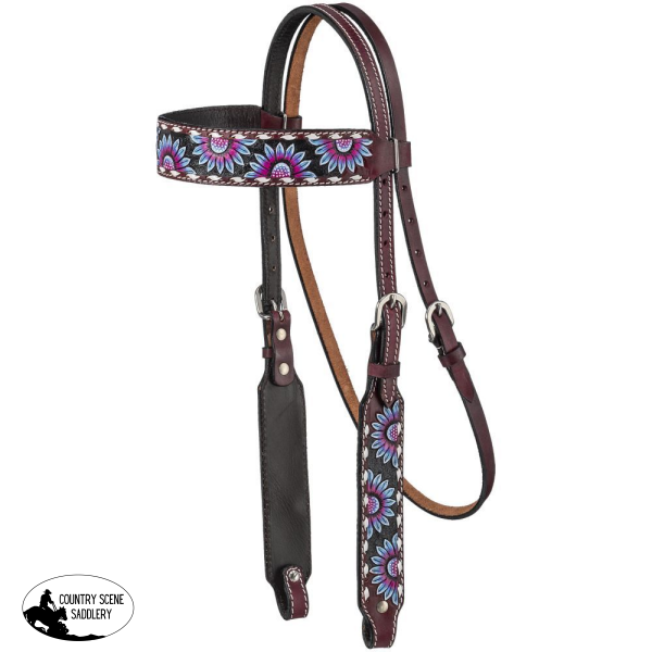 Silver Royal Purple And Blue Sunflower Brow Headstall Western Bridle
