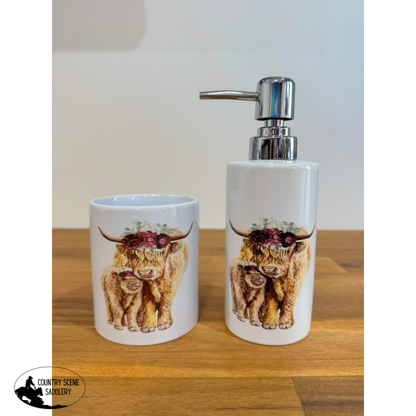 Soap Dispenser & Toothbrush Holder -Maroon Flower Highland Bathroom