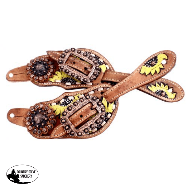 Ss-19 Showman ® Ladies Hand Painted Sunflower Spur Straps With Copper Hardware. Spur Straps