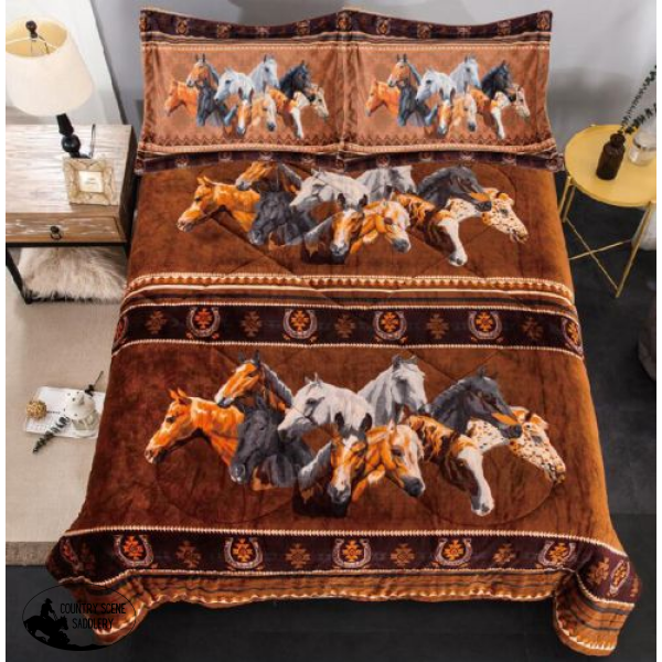 Sw0316Q Queen Size 3 Pc Borrego Comforter Set With Geometric Horse Collage Design