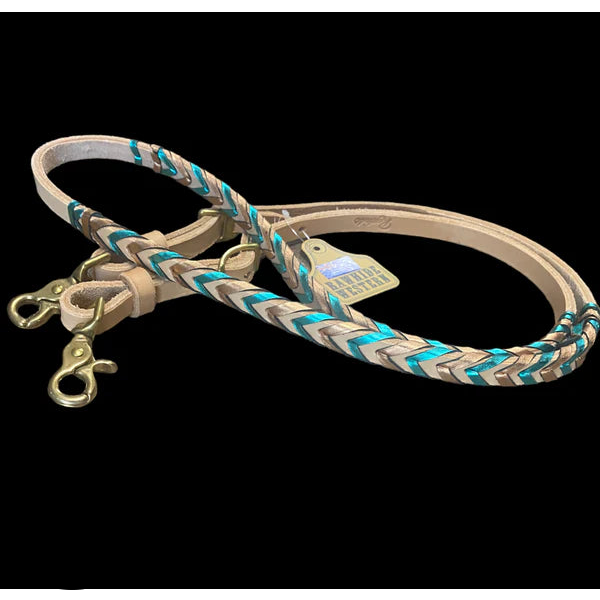 T5499 - Double Laced Metalic Turq & Silver Gold Aust Made Barrel Reins Western