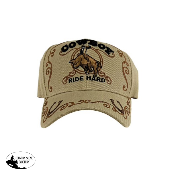 Tan Cowboy Ballcap W/ Bull Rider Logo Ride Hard. Hats