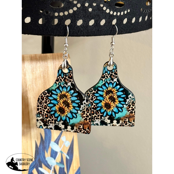 Turquoise Sunflower - Cow Tag Earrings Gift Items