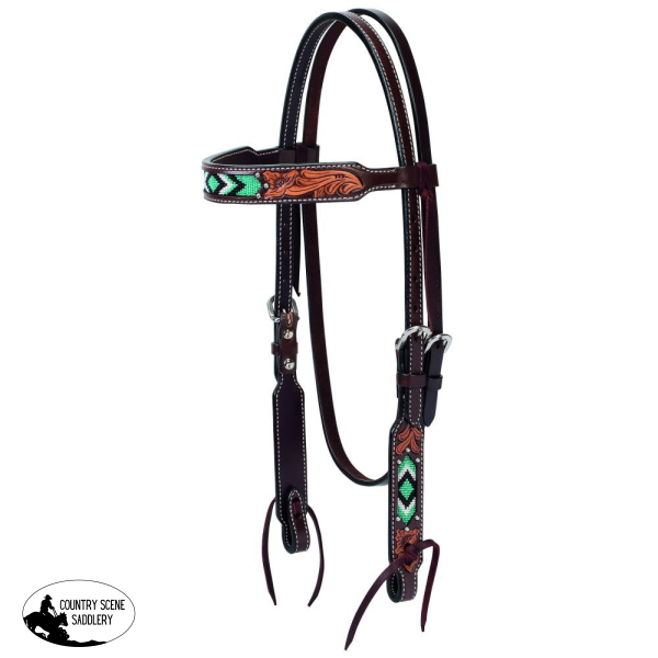 Weaver Turquoise Beaded Browband Headstall Floral Carved
