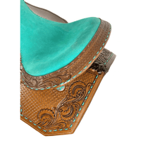 15 16 Semi Qh Economy Barrel Saddle Set Features Combo Basketweave/Floral Tooling And Teal